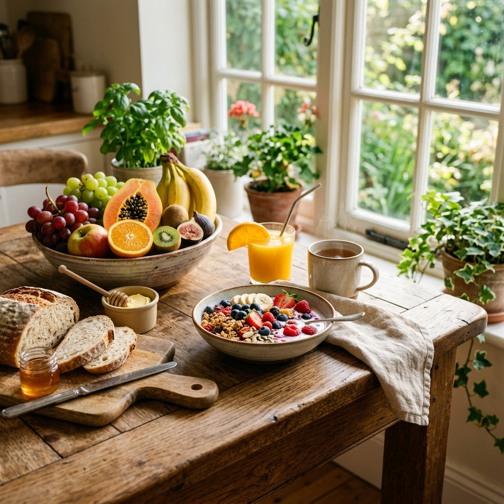 Breakfast table with fruit bowl, granola and yogurt bowl, sliced bread, orange juice, and coffee cup